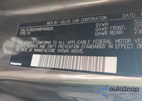 2011 Volvo S80 T6 z USA, uszkodzony, nr VIN YV1902AH8B1146628